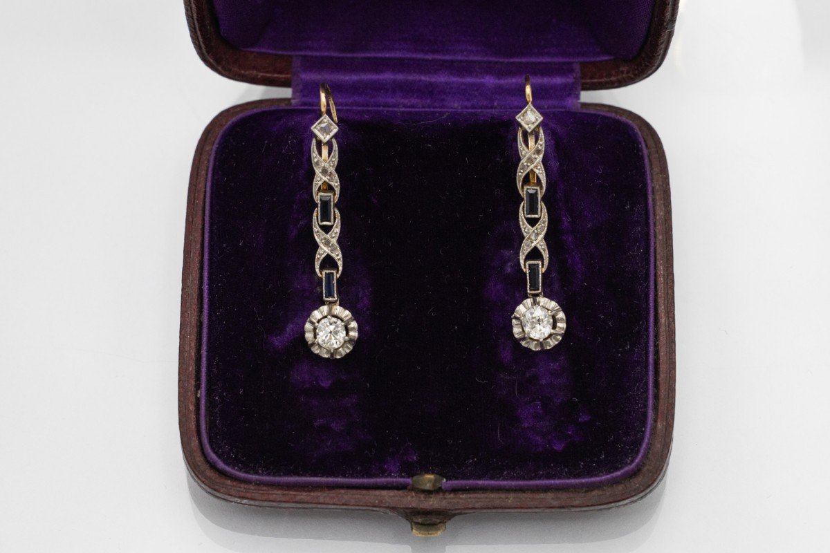 Art Deco Style Gold Drop Earrings With Diamonds And Sapphires.-photo-4