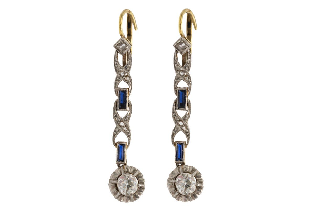 Art Deco Style Gold Drop Earrings With Diamonds And Sapphires.