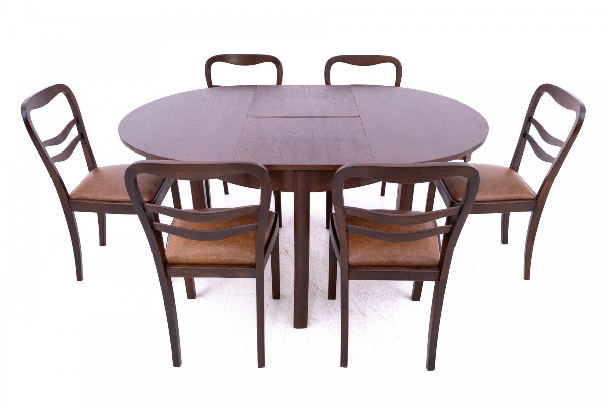 Art Deco Style Extendable Table With 6 Chairs, Poland, 1940s.