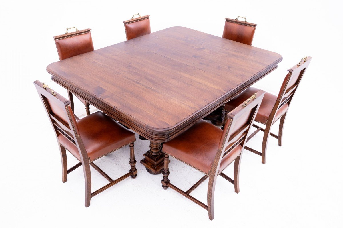 Antique Large Dining Table With Chairs, Western European.