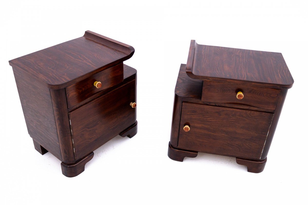 A Pair Of Art Deco Bedside Tables, Poland, Mid 20th Century.