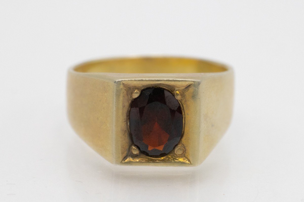 Gold Plated Signet Ring With Garnet.