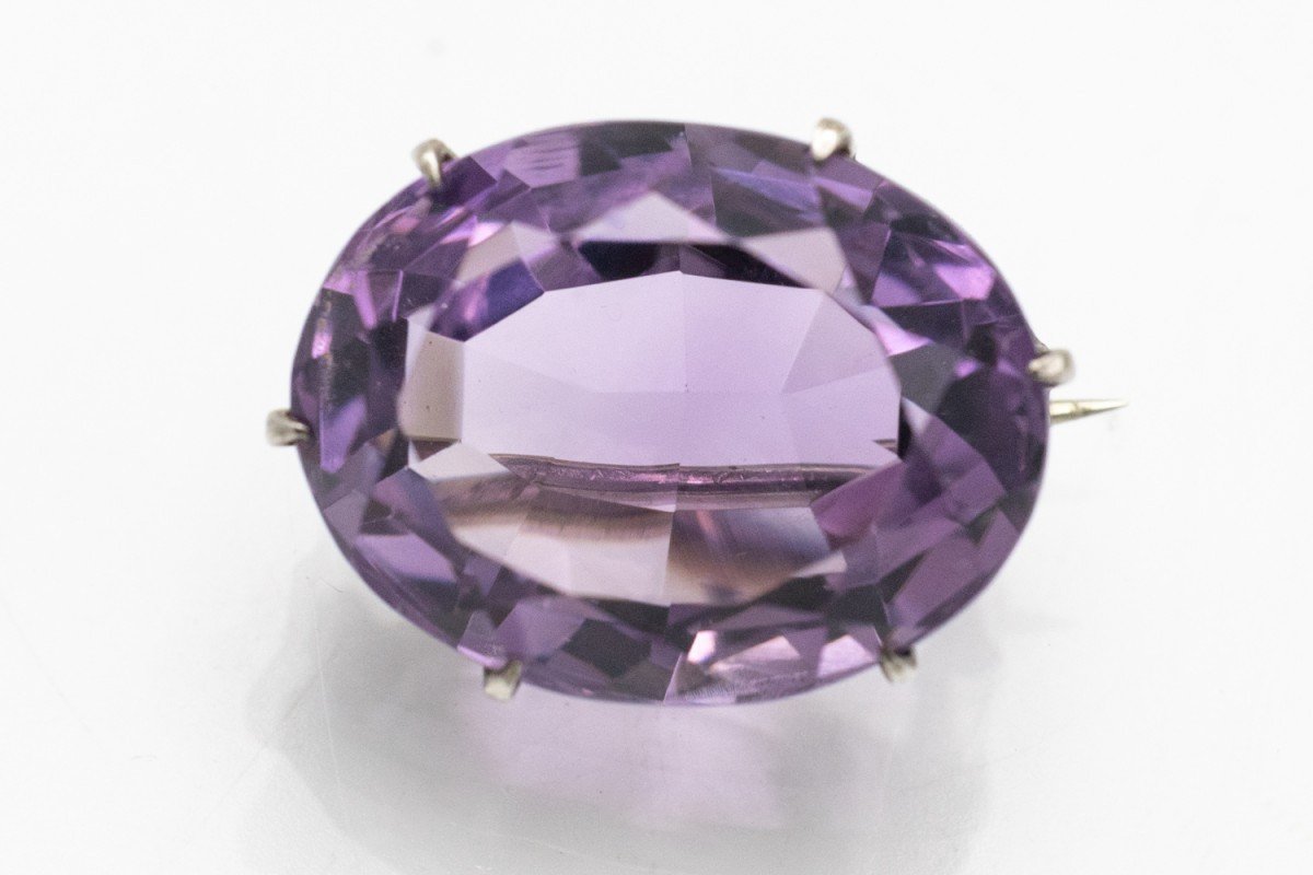 Antique Brooch - Oval Amethyst Set In Silver.-photo-4