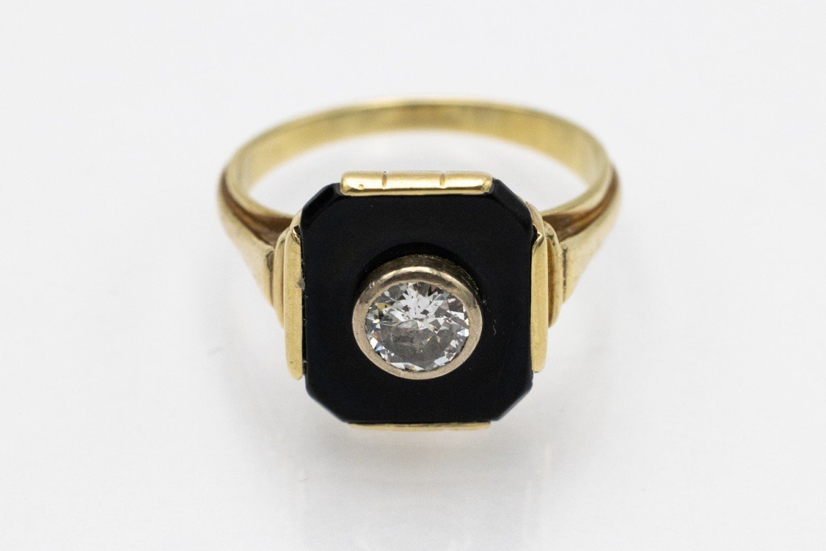 Antique Art Deco Gold Ring With Onyx And Brilliant Cut Diamond Of 0.70 Ct, Circa 1900s-photo-4