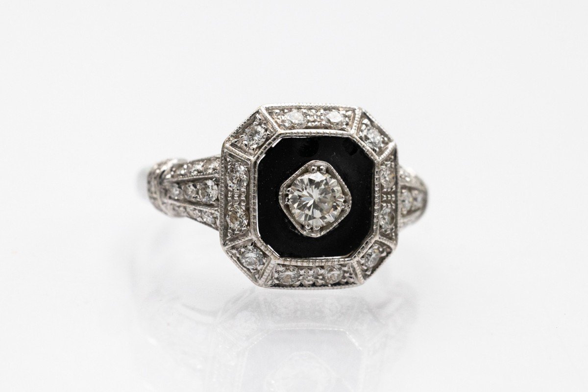 Art Deco Ring In White Gold With Onyx And Diamonds-photo-3