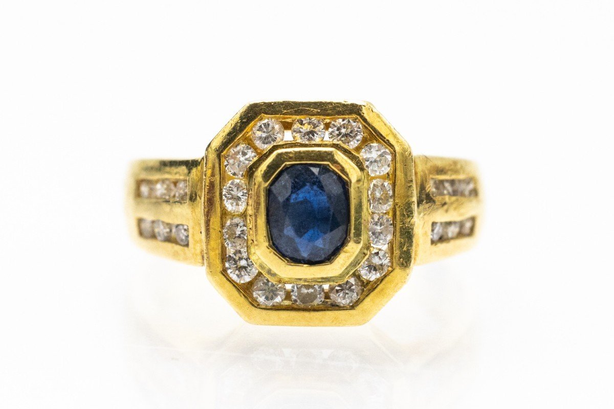 Bague Ancienne Française Avec Saphir Naturel Et Diamants