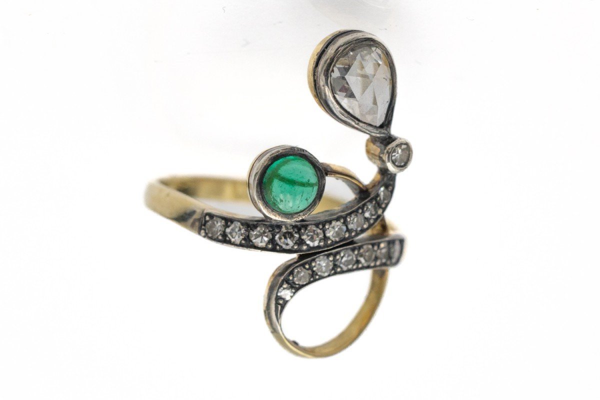 Bague Art Nouveau Avec émeraude Et Diamants, Vers 1900.-photo-3