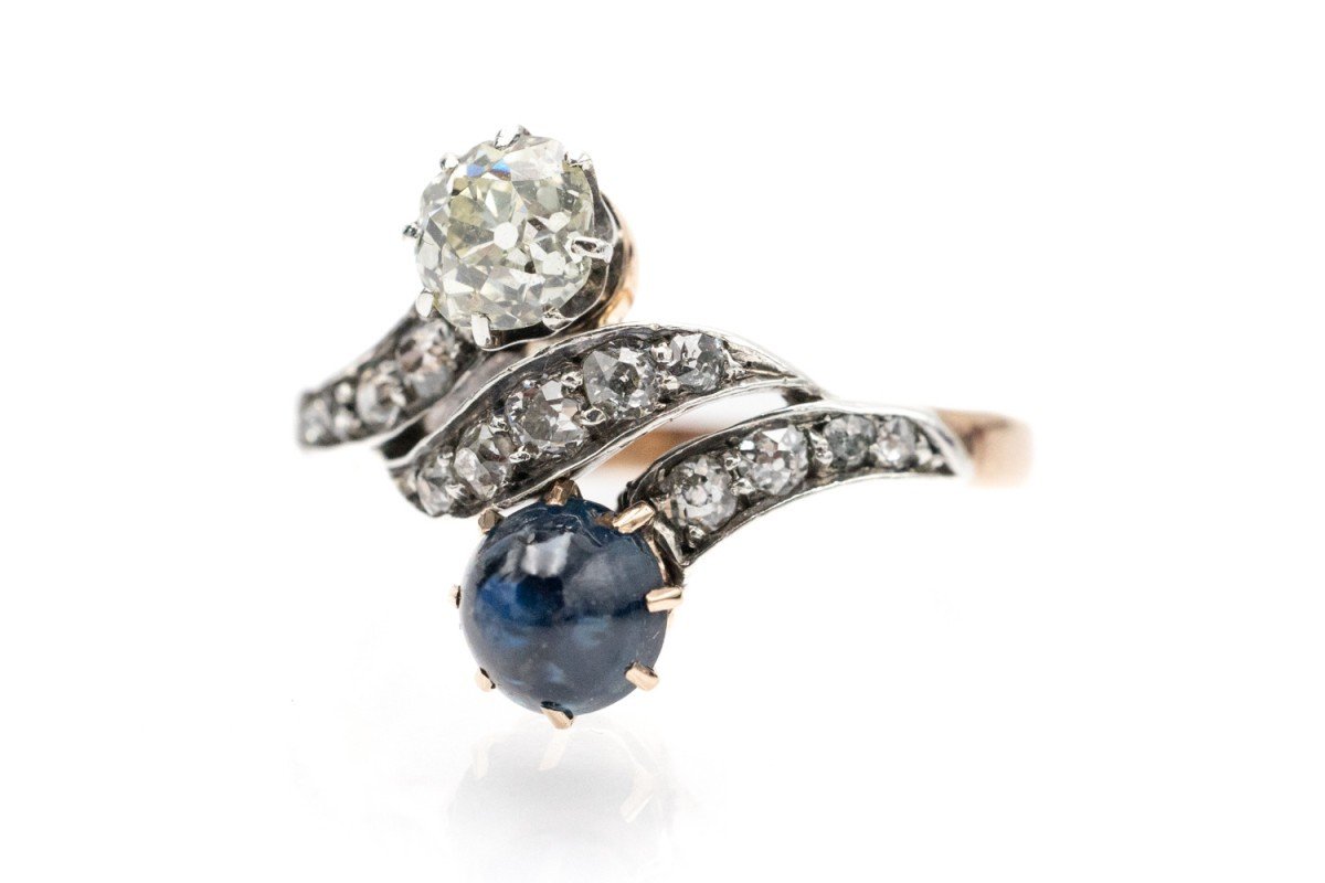 Antique Toi Et Moi Ring With Diamonds And Cabochon Cut Sapphire, Early 20th Century.-photo-2