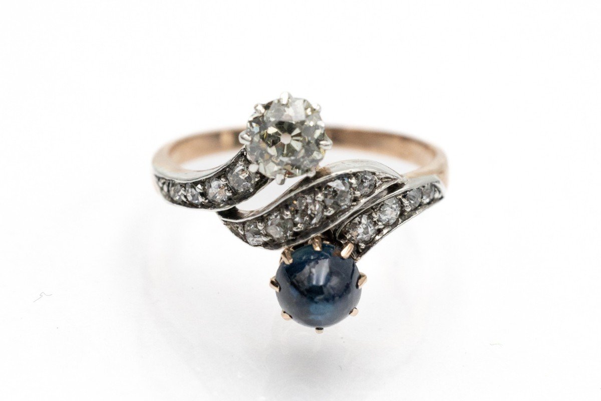 Antique Toi Et Moi Ring With Diamonds And Cabochon Cut Sapphire, Early 20th Century.-photo-3