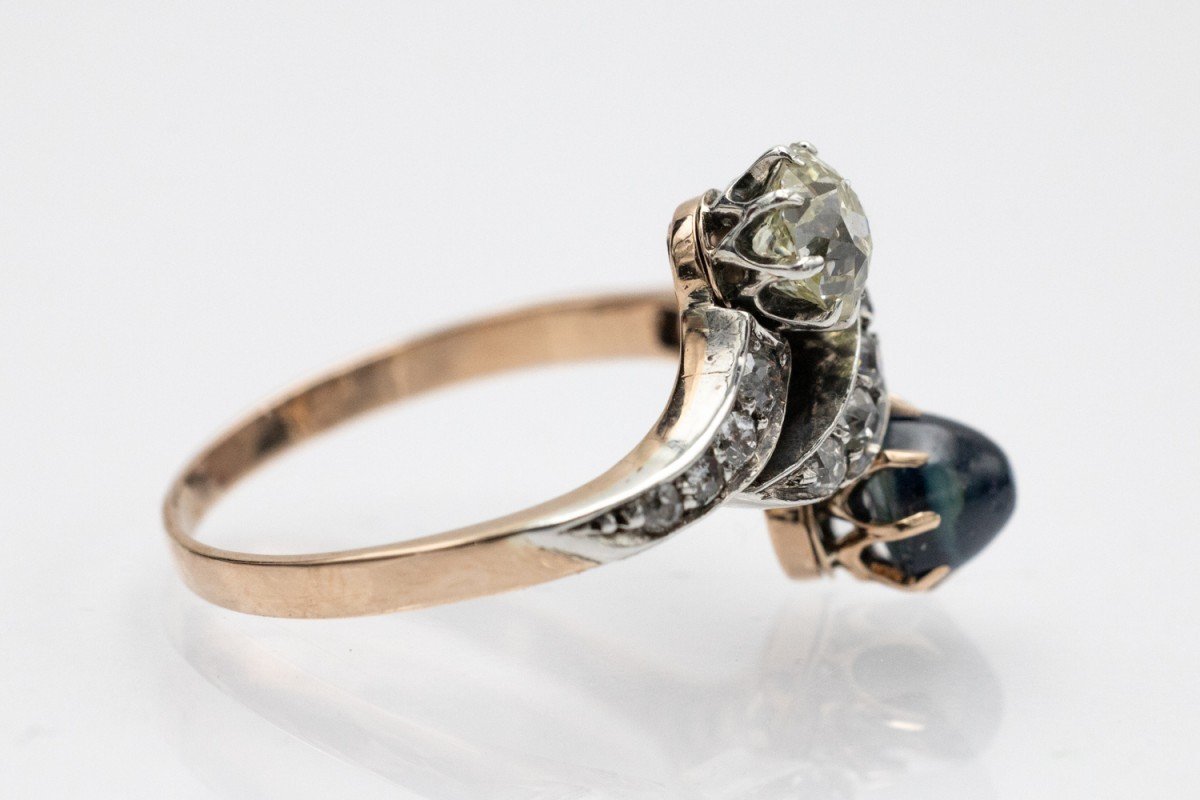 Antique Toi Et Moi Ring With Diamonds And Cabochon Cut Sapphire, Early 20th Century.-photo-4