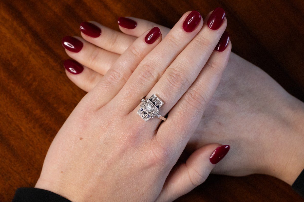 Geometric Ring With Diamonds And Sapphires In Art Deco Style.-photo-4