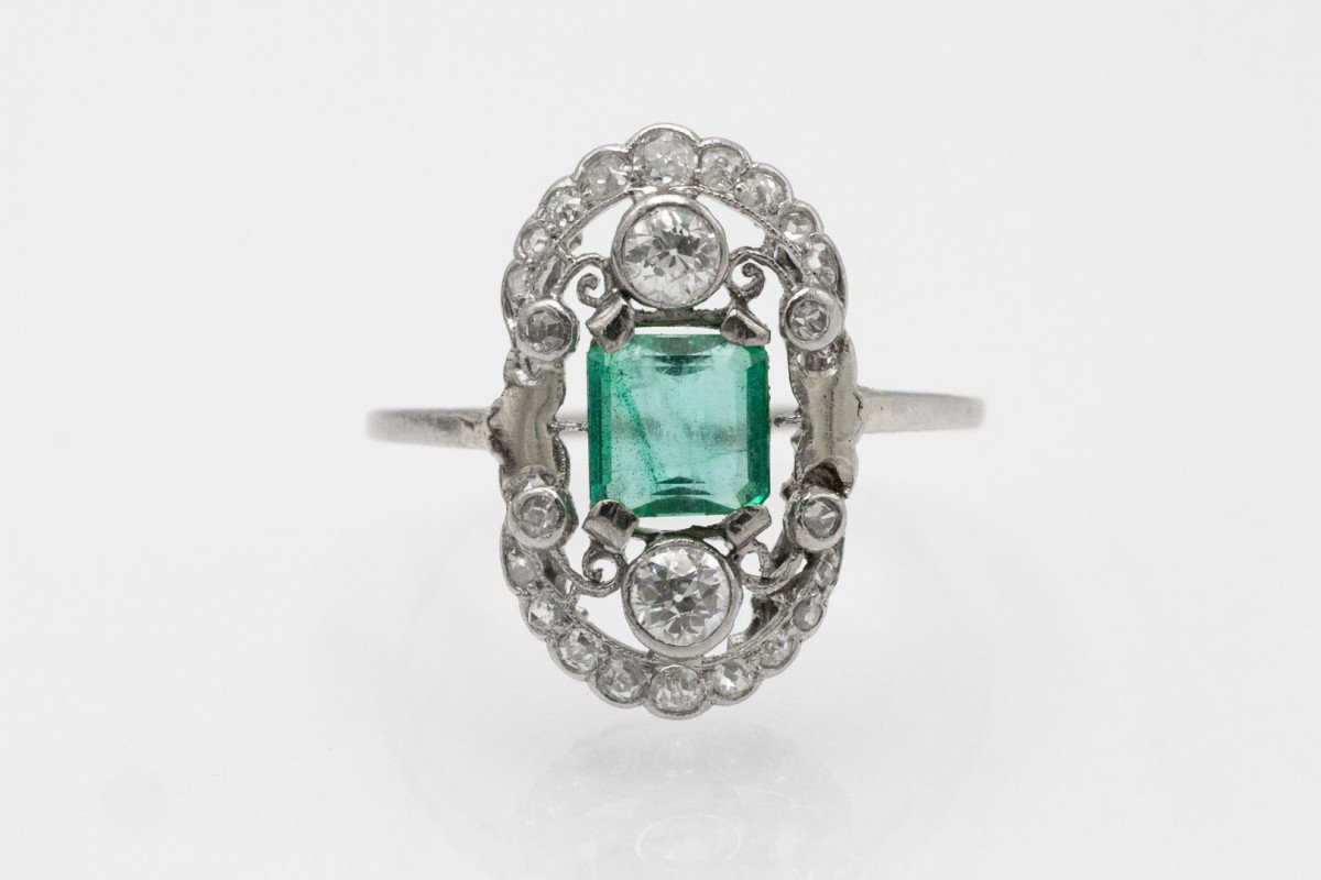 Bague Art Déco En Or Avec Diamants Et émeraude, Vers 1930/1940-photo-3