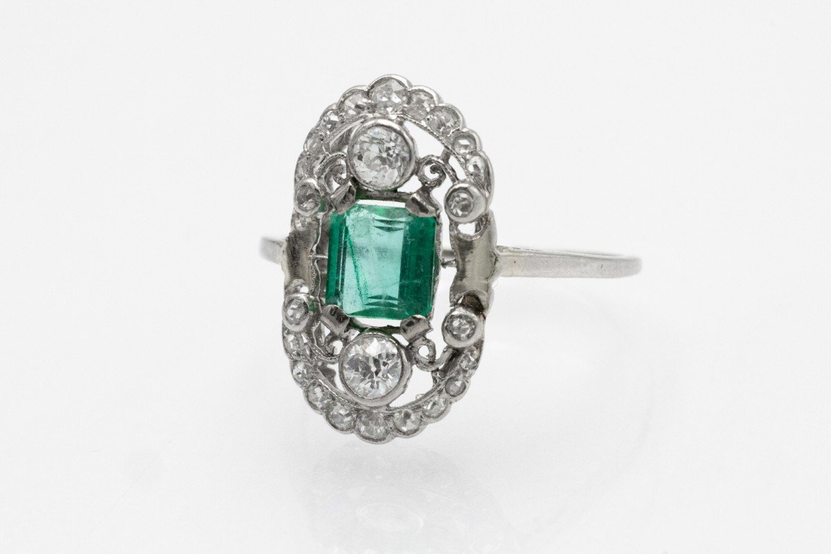 Bague Art Déco En Or Avec Diamants Et émeraude, Vers 1930/1940-photo-4