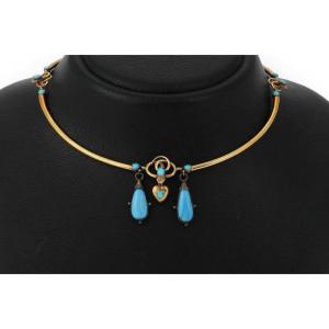 Victorian Gold Necklace With Turquoises, Late 19th Century.