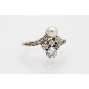 Antique Gold Ring With Diamonds And Pearl, Toi Et Moi, France, First Half Of The 20th Century.