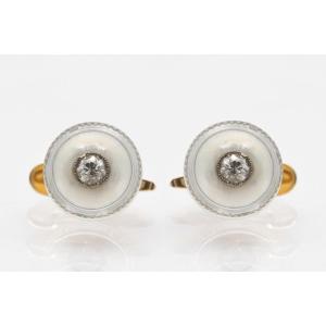 Pair Of Gold Tuxedo Buttons With Mother Of Pearl And Diamonds.