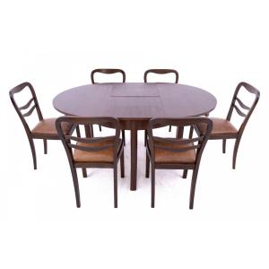 Art Deco Style Extendable Table With 6 Chairs, Poland, 1940s.