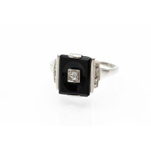 Bague Art Deco En Diamant Et Onyx, Autriche, Vers 1920