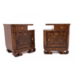 A Pair Of Art Deco Walnut Bedside Tables.