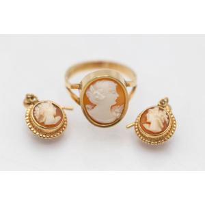 Antique Gold Set, Ring And Earrings With Cameo, Sweden.