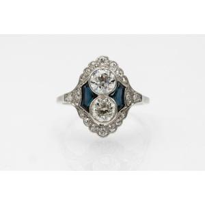 Bague Belle Epoque Unique Avec Diamants Et Saphirs.