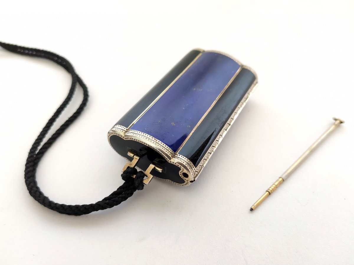 Superb Minaudière Or Necessary Art Deco Evening In Silver Vermeil And Lapis Lazuli Enamel Twentieth-photo-3