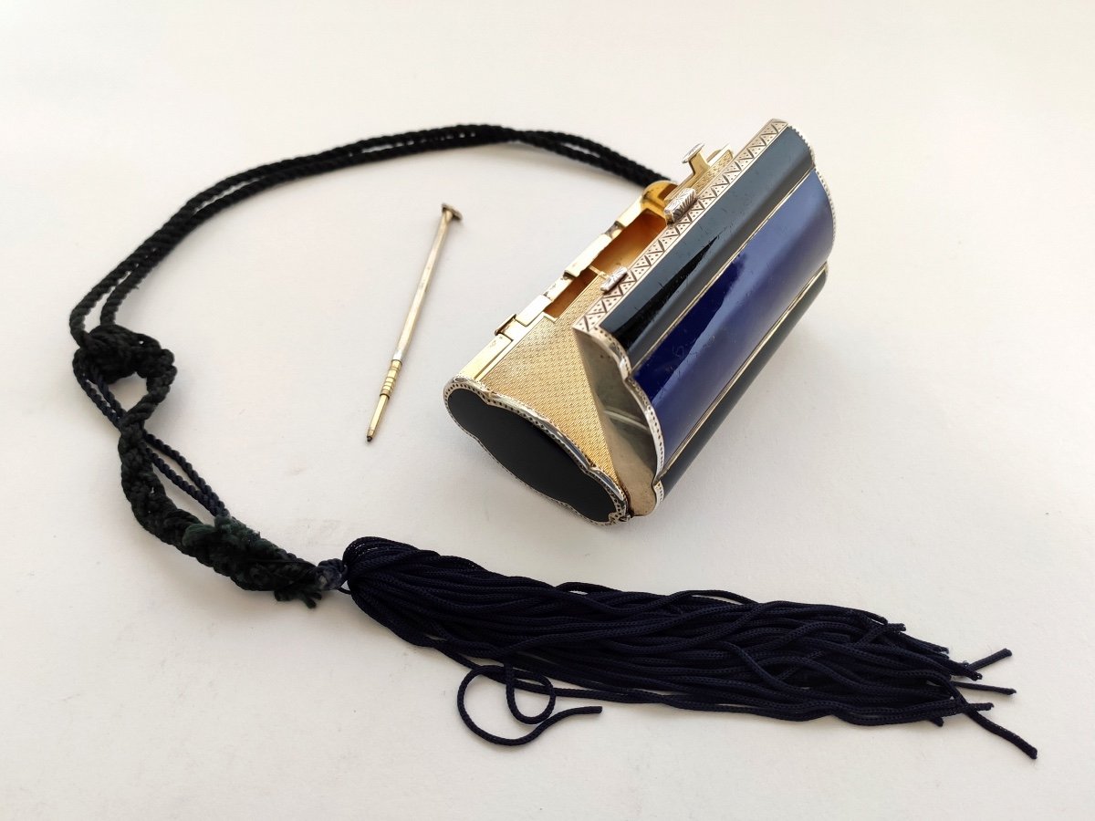 Superb Minaudière Or Necessary Art Deco Evening In Silver Vermeil And Lapis Lazuli Enamel Twentieth-photo-8