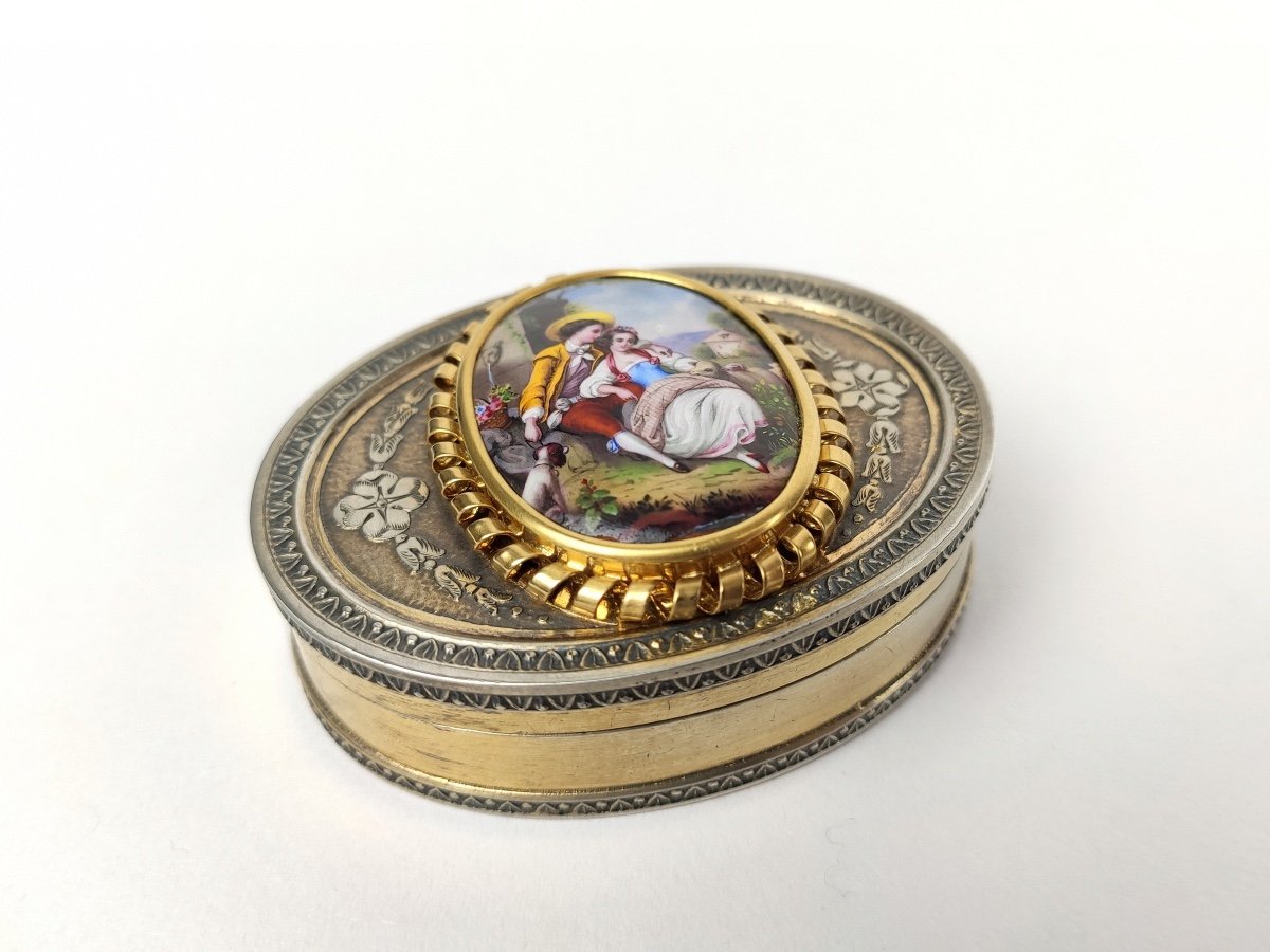 Magnificent Romantic Snuff Box In Vermeil Silver, Enamel & 18k Gold, Louis XVI Style.