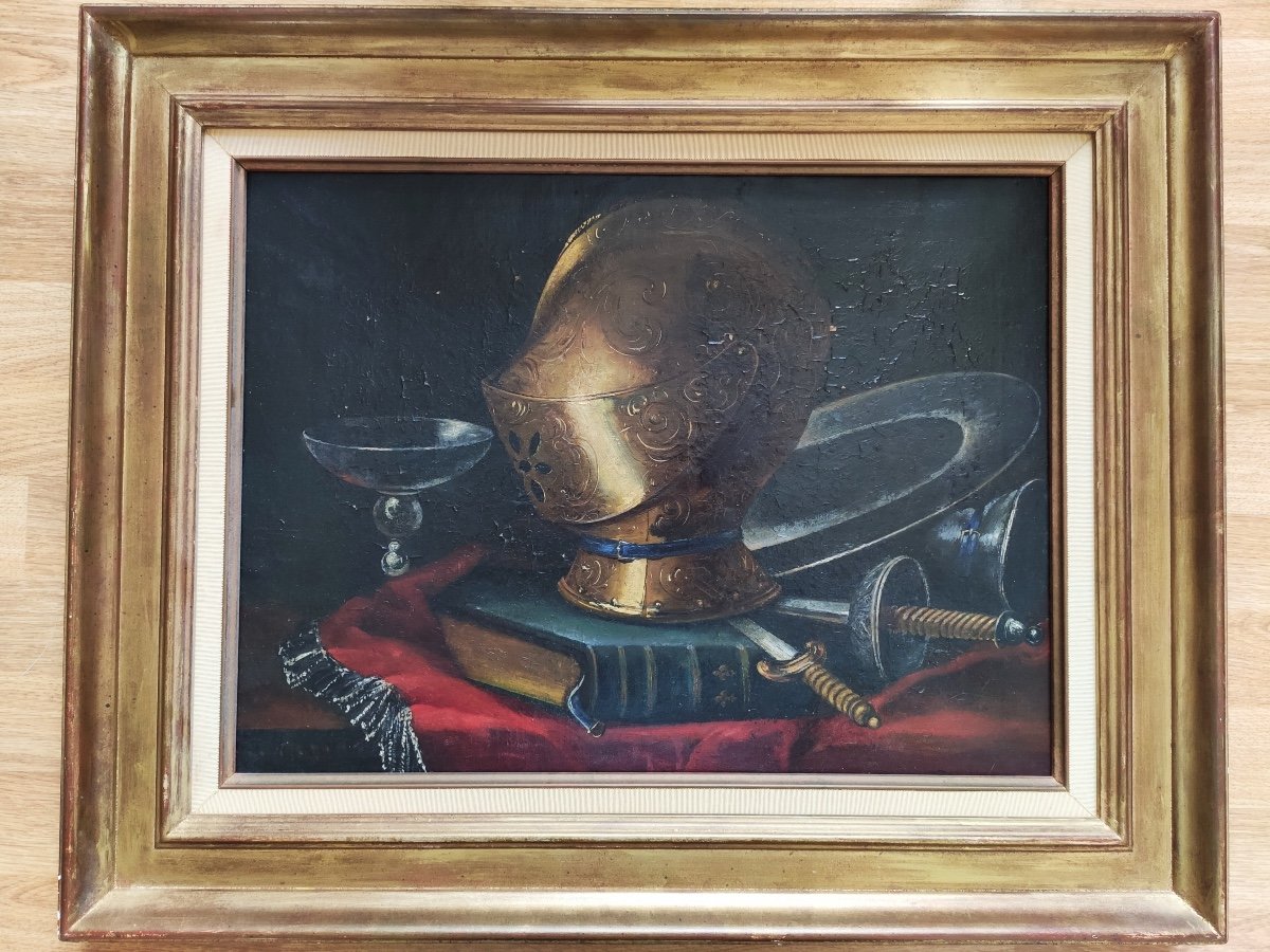 Nineteenth School: Still Life With Helm, Armor And Sword, Oil On Canvas! Painting Table