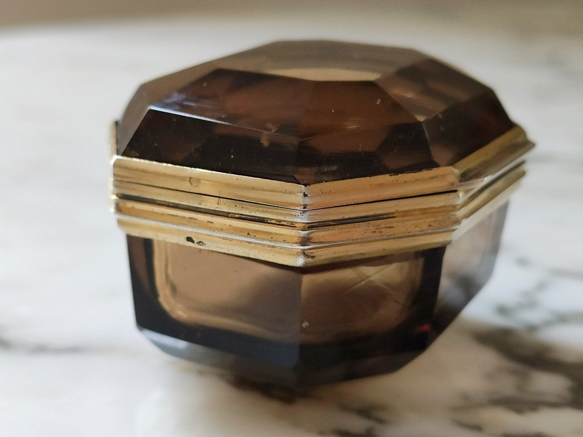 Gaston Bardiès: Rare Small Octagonal Box In Smoked Crystal And Silver Vermeil Art Deco. C1910-photo-7