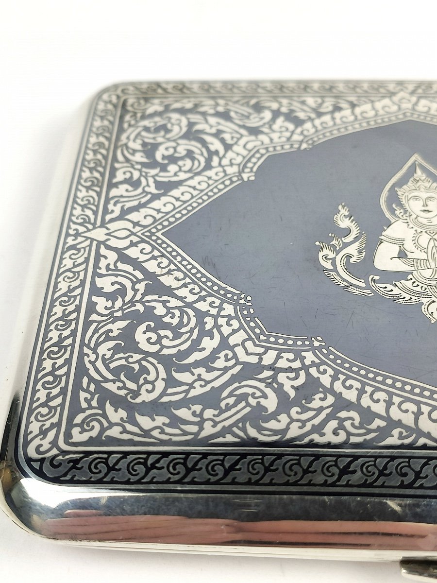 Thai Nakon: Large Niellé Sterling Silver Cigarette Case. Divinity Decor. -photo-3