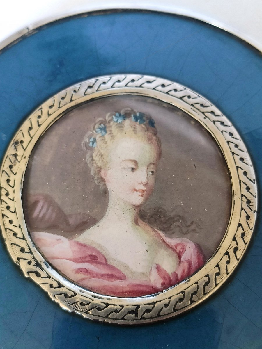 Grande boite tabati&egrave;re du XVIIIe si&egrave;cle.Portrait miniature, argent, vernis martin &amp; &eacute;caille 18e-photo-6