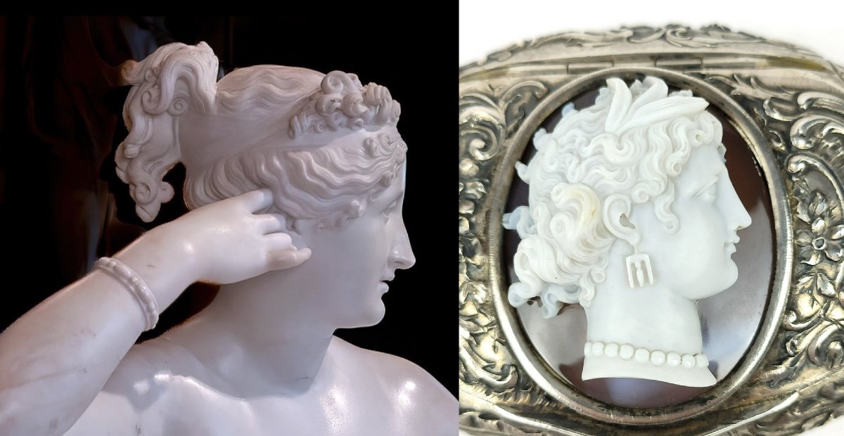 Aréthuse By Morelli? Exceptional 19th Century Agate Cameo S/ Box In Silver & Vermeil-photo-2