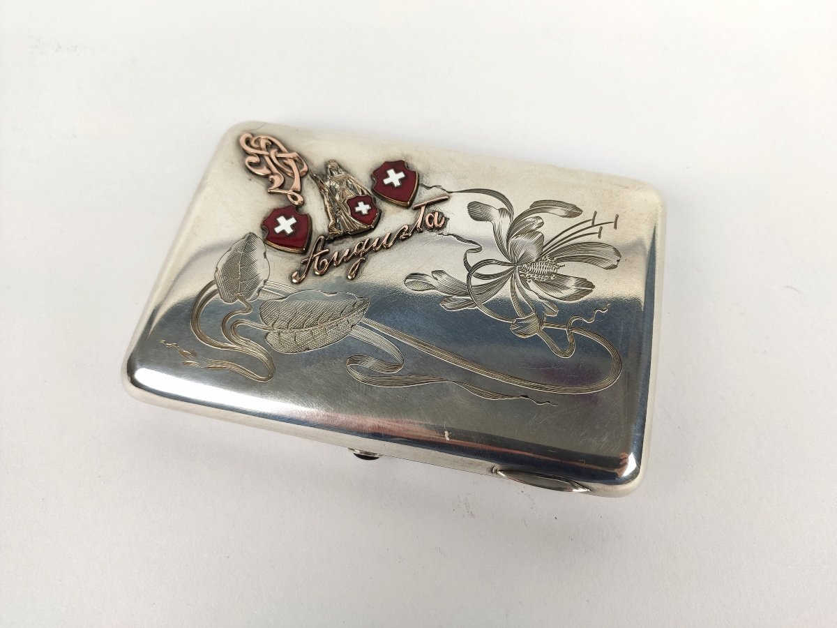 Superb Russian Cigarette Case Gold, Sterling Silver & Vermeil, Swiss Enamel. Art Nouveau. C1900