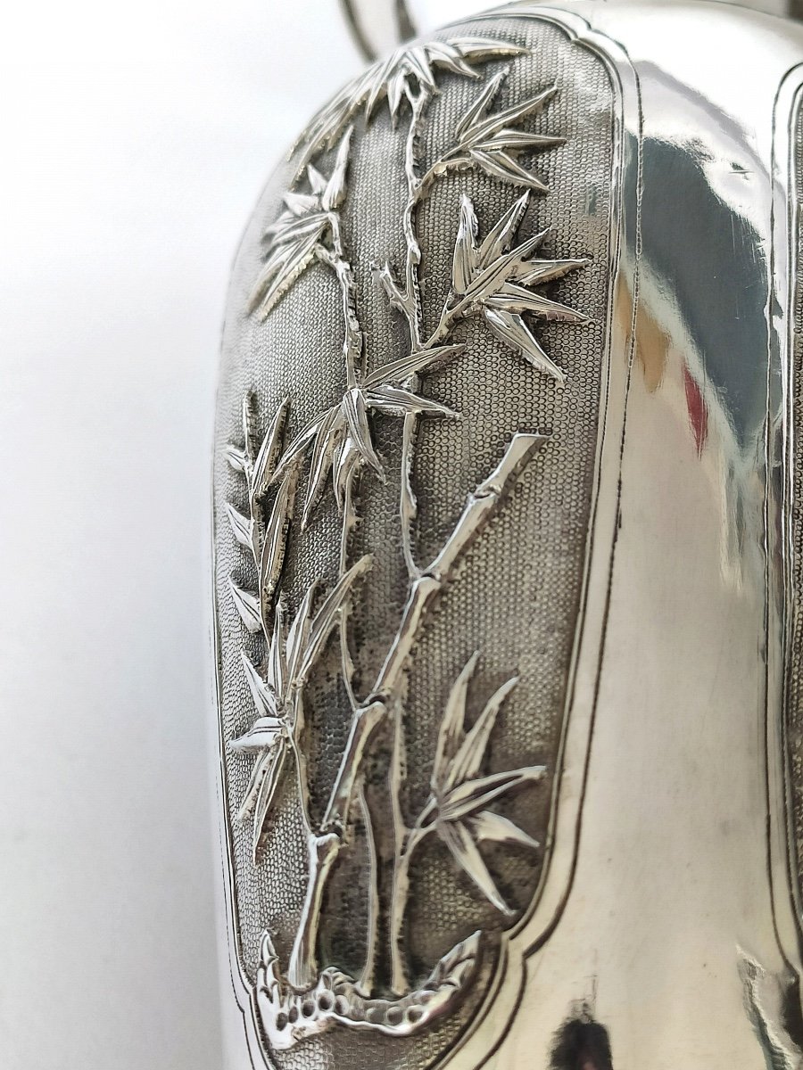 Superb Chinese Vase In Solid Silver With Plant Decoration, Scholar's Object.-photo-5