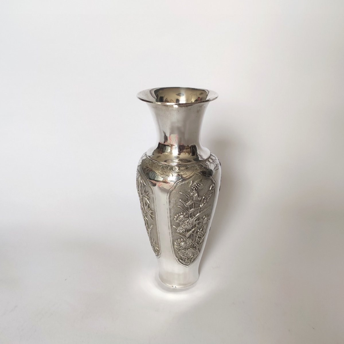 Superb Chinese Vase In Solid Silver With Plant Decoration, Scholar's Object.