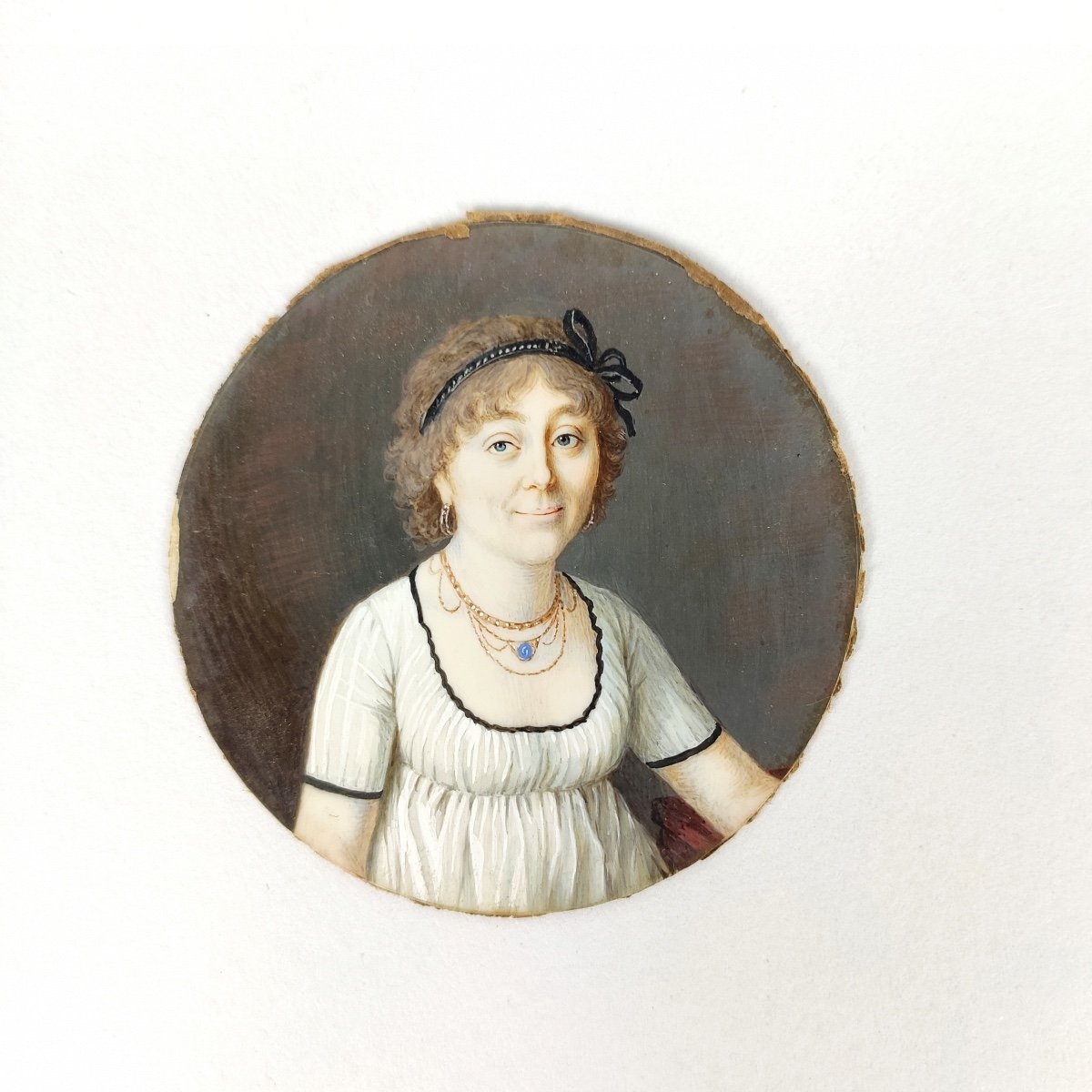 Très fin Portrait Miniature De Merveilleuse &  Cheveux XVIIIe Siècle, Cadre En Or. Directoire-photo-4