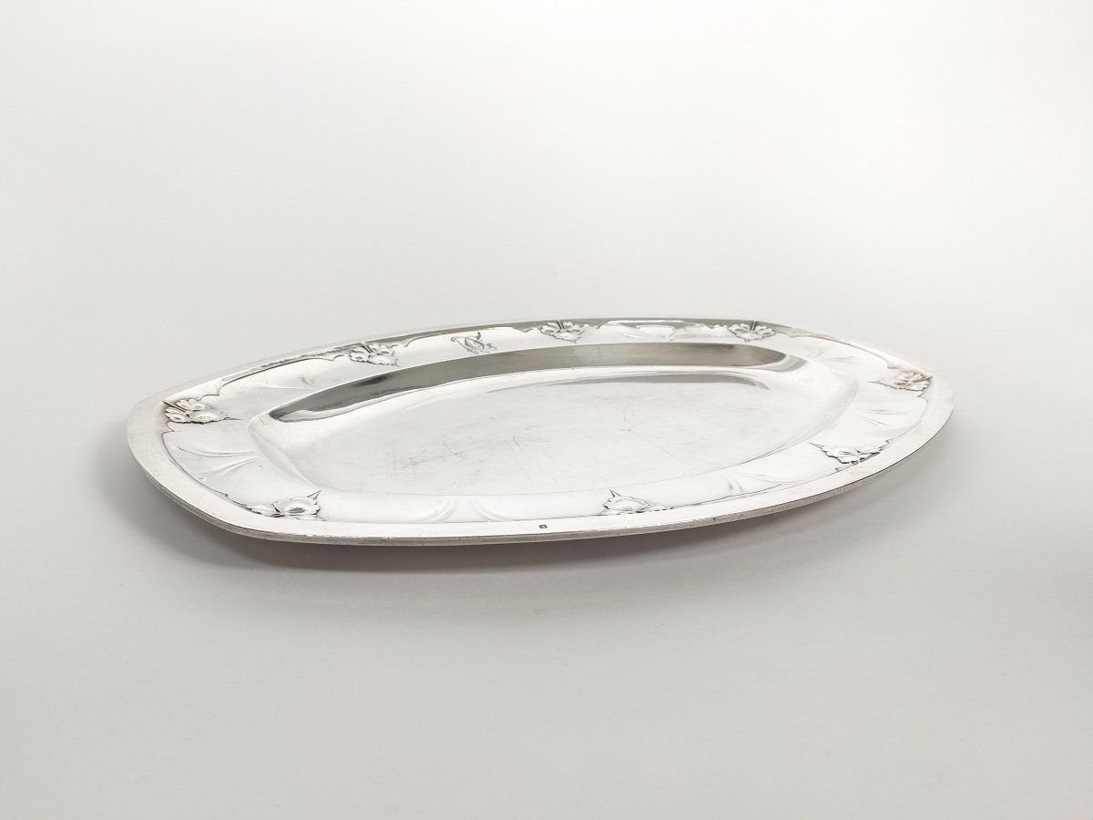 Cardeilhac X Bonvallet: Superb Oblong Dish In Solid Silver With Columbine Decoration, Art Nouveau.-photo-3