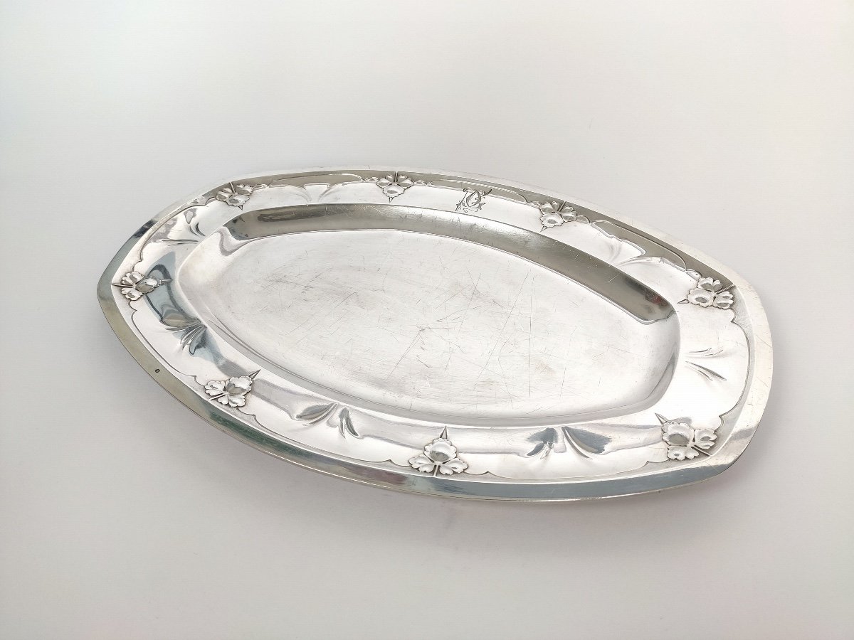 Cardeilhac X Bonvallet: Superb Oblong Dish In Solid Silver With Columbine Decoration, Art Nouveau.-photo-1