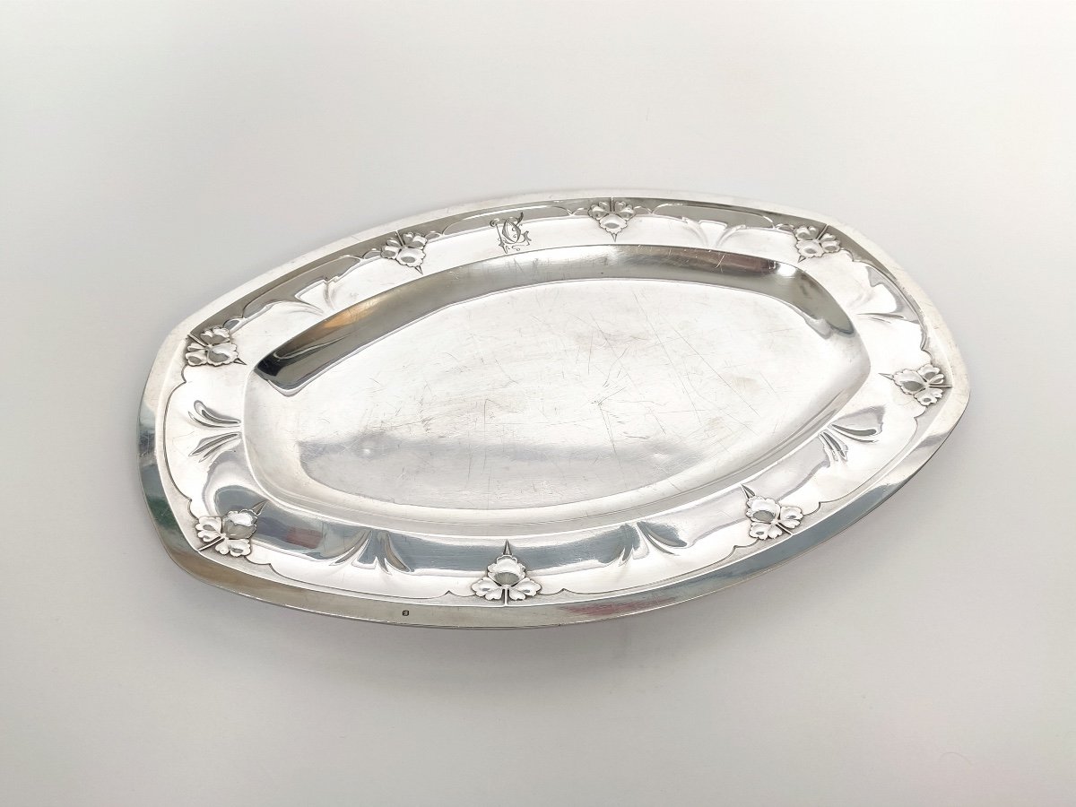 Cardeilhac X Bonvallet: Superb Oblong Dish In Solid Silver With Columbine Decoration, Art Nouveau.-photo-8