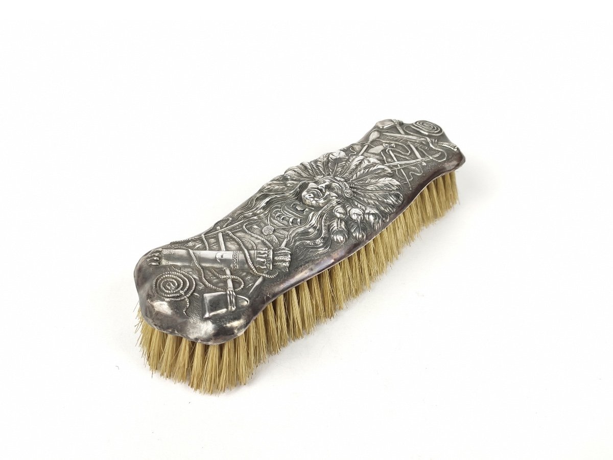 Unger Brothers : Brosse Américaine En Argent Massif à Riche Décor D’indien. Etat Unis, XIXe S.-photo-3