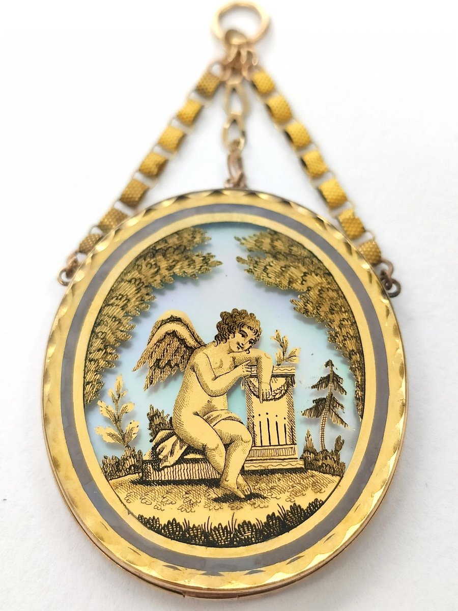 Superbe Pendentif Romantique En Or é Miniature églomisée Sous Verre. Epoque Empire. Début XIXe-photo-3