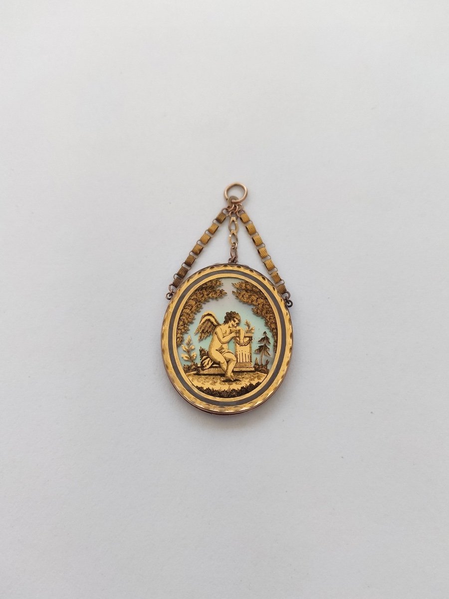 Superbe Pendentif Romantique En Or é Miniature églomisée Sous Verre. Epoque Empire. Début XIXe