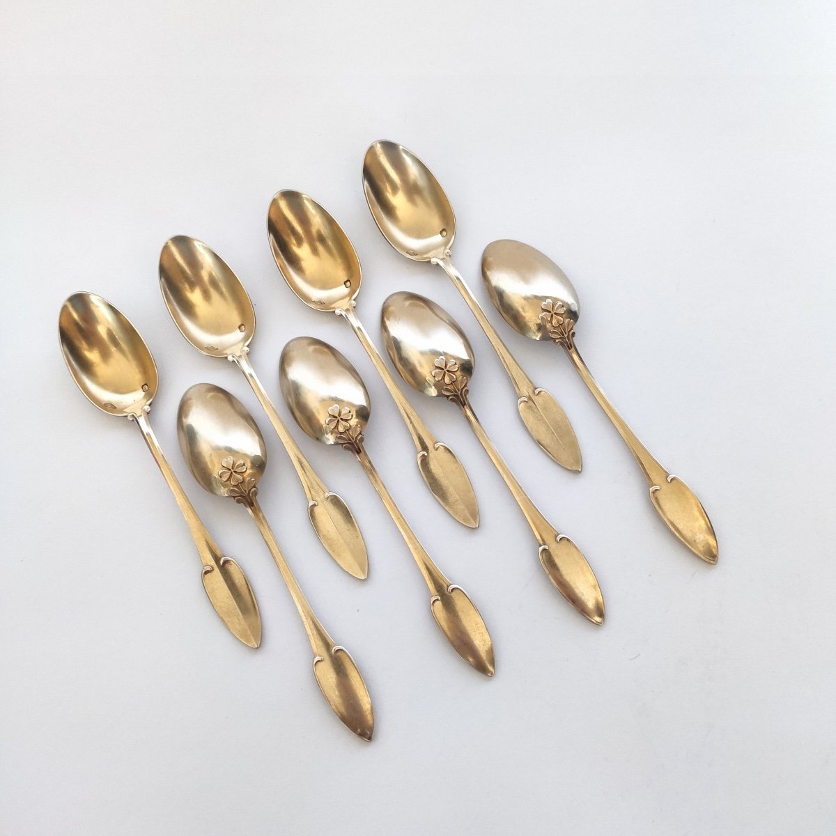  Debain: Lovely Art Nouveau Dessert Spoons In Sterling Silver Vermeil, Clover Decor-photo-3