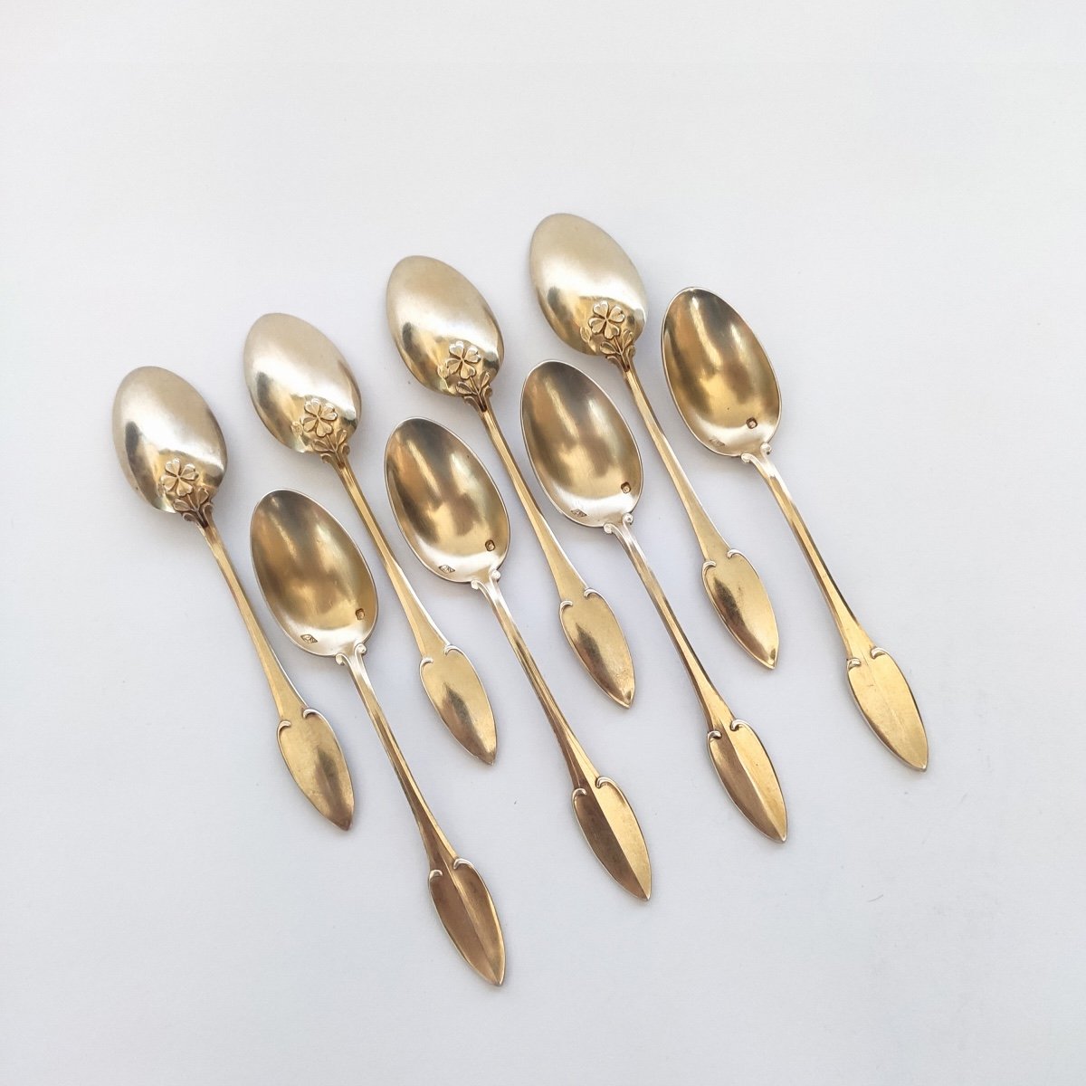  Debain: Lovely Art Nouveau Dessert Spoons In Sterling Silver Vermeil, Clover Decor-photo-4