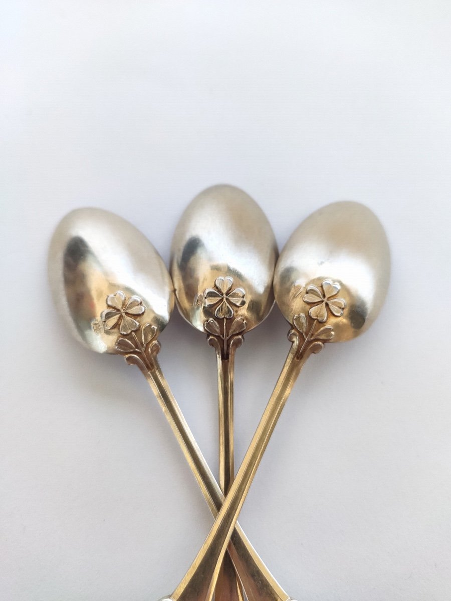  Debain: Lovely Art Nouveau Dessert Spoons In Sterling Silver Vermeil, Clover Decor-photo-1