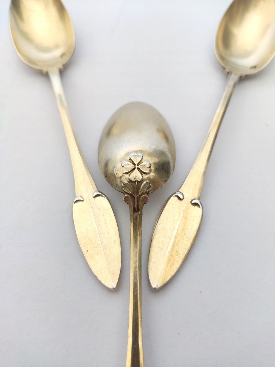  Debain: Lovely Art Nouveau Dessert Spoons In Sterling Silver Vermeil, Clover Decor-photo-3