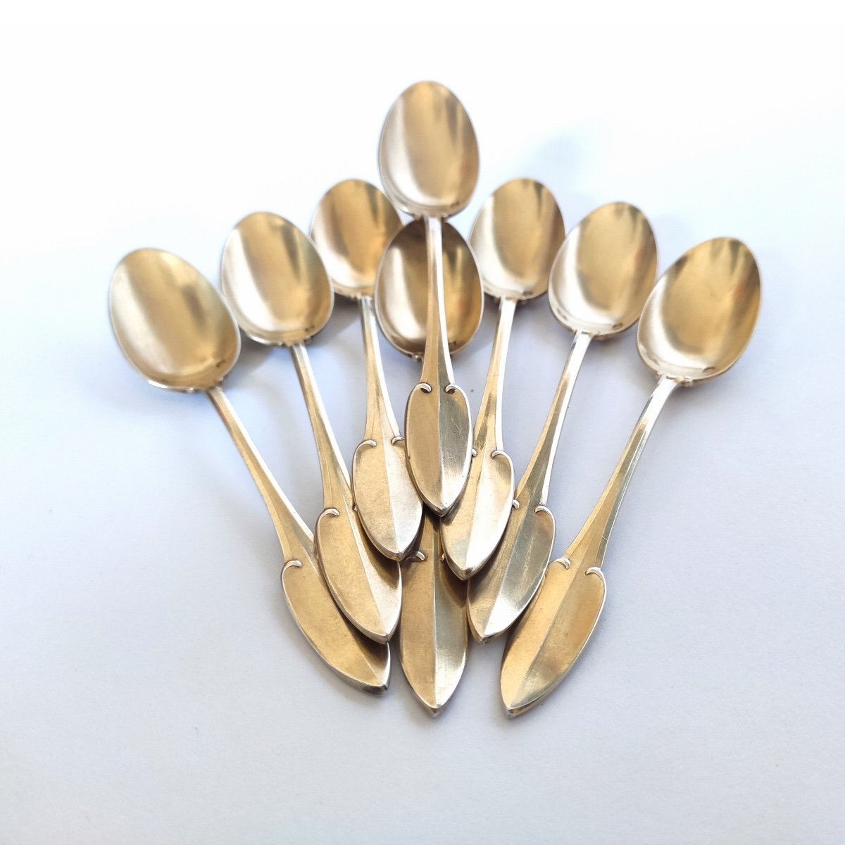  Debain: Lovely Art Nouveau Dessert Spoons In Sterling Silver Vermeil, Clover Decor-photo-4