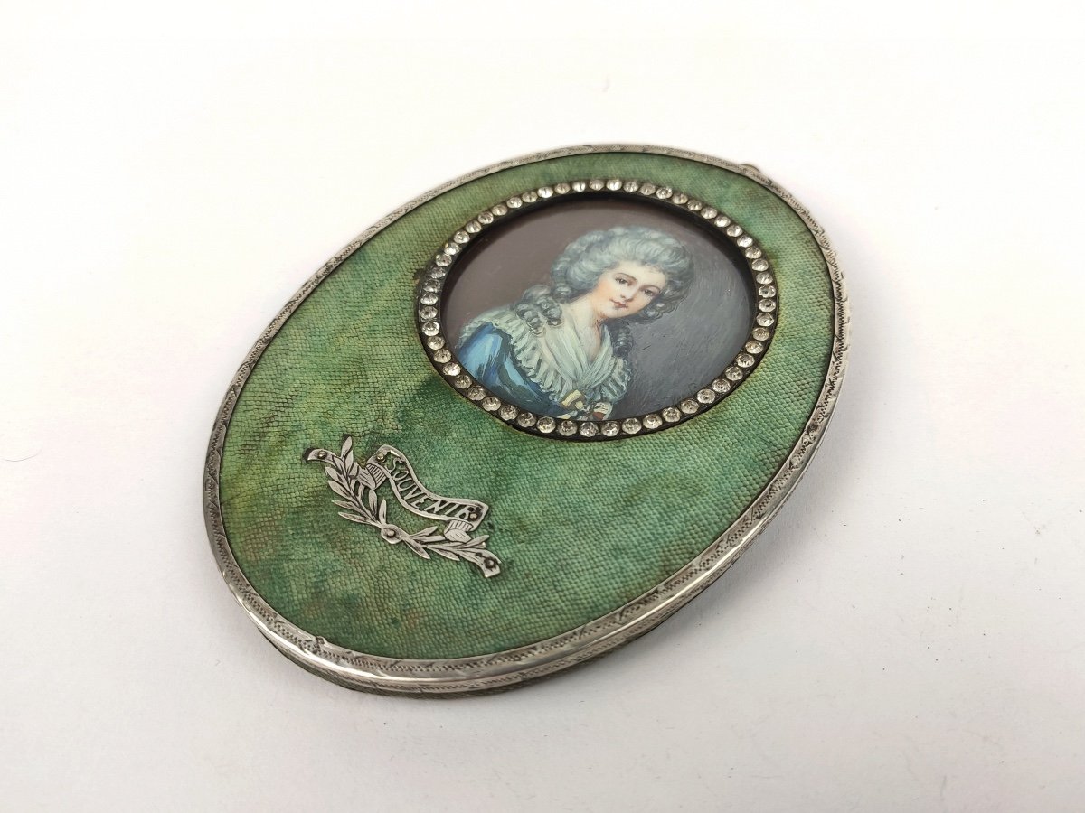 Superb Miniature Of A Fashionable Woman From The 18th Century, Frame In Shagreen, Stone & Silver. 19th Century-photo-3