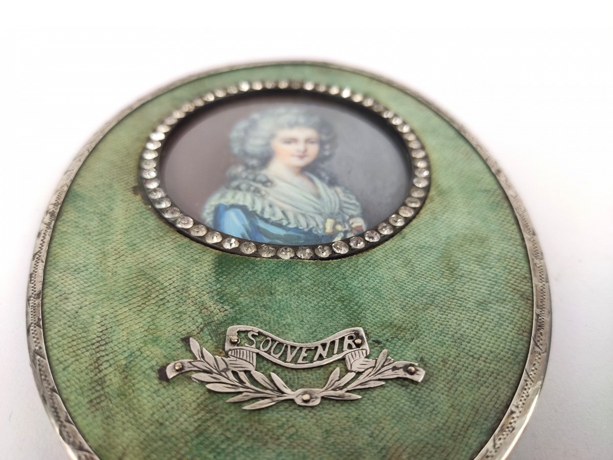 Superb Miniature Of A Fashionable Woman From The 18th Century, Frame In Shagreen, Stone & Silver. 19th Century-photo-4